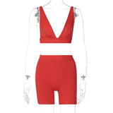 2021 Sleeve V-Neck Sexy Crop Tank Top Biker Shorts 2 Piece Set Autumn Winter Women Fashion Streetwear