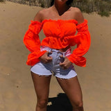 hirigin Womens Chiffon Long Puff Sleeve Off Shoulder Crop Tops Blouses Loose Casual Blouse Lady Sexy Hot Sale Corp Top