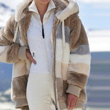 Women Jacket Coat Fashion Warm Plush Stitching Hooded Outwear Casual Zipper Plaid Loose Plus Size Ladies Parka Coat