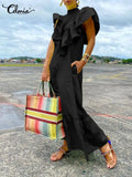 Women 2022 Summer Sleeveless Maxi Dress Bohemian Fashion Ruffles Solid Long Dresses Casual Pockets Beach Vestidos