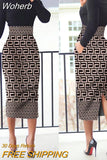 For Women 2023 Geometric Print Long Sleeve Turtleneck Work Dress Vestidos De Mujer Elegant Office Lady Midi Robe Female-Outfit