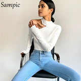 Fashion Autumn Sexy Women Casual Turtleneck White Knitted Basic Bodysuit Tops Hollow Out Skinny Off Shoulder Body