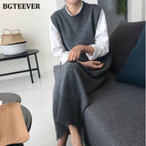 Casual Women Sleeveless Knitted Dress 2020 Spring O-neck Side Split Female Sweater Long Dress Waistcoat Vestidos femme-Outfit