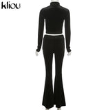 Kliou Solid Velour Two Piece Set Women Simple Casual Zipper Long Sleeve Turtleneck Top+Bandage Lace Slim Female Wide Leg