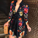 Women Deep V-neck Mini Dress Spring Autumn Long Sleeve Floral Print Dresses Laides High Waist Party Dresses