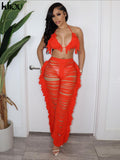 Kliou Halter Knitted Tanks Women Solid Sexy Deep V-Neck Lace Up Backless Tassel Skinny Crop Tops Streetwear Female
