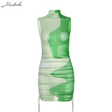 Spring Sexy Mesh See Through Slim Dress Women Fashion Printing Turtleneck Sleeveless Clothing Lady Bodycon Mini