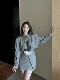 Grey Shirts + Skirt + Tie + Vest Suit Female 2022 Spring Dress Ladies Knitted Vests Layered Shirt Royal Sister Three-piece