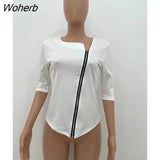 Women Top Tees Solid Half Sleeve O-neck Zipper Elastic T-shirts Office Lady High Streetwear Summer Fashion Outfit 2023-Outfit