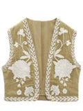 Floral Embroidered Women's Short Waistcoat Chic V Neck Sleeveless Cropped Cardigan 2024 Summer Female Party Fashion Tops-Outfit