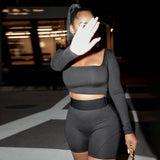 Kliou Biker Style Shorts Two Piece Set Women Autumn Harajuku Simple Square Collar Top+Solid Streak Decoration Sheath