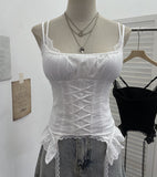 Outside Wearing Hottie Fake Two Splicing Lace Slings Vest Short Sleeveless Top