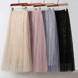 Women Korean Style Sequin Tulle A-line Skirt Vintage Elastic Waist Party Midi Mesh Skirt QT2199-Outfit