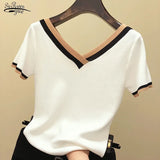Color Striped Knitted 2021 Summer Top Shirt Woman Clothes V-Neck Short Sleeve Shirt Women Femme Camisetas Mujer