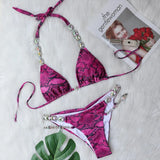 Woherb New Bikini, Sexy Snake Print Crystal Diamond Female Split Swimsuit Beach