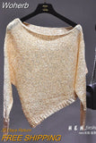 Women's Irregular Solid Blouse Pullovers Spring Sequined Shirts Sweater Fashion Vintage Sexy Knit Tops Female QT1403-Outfit
