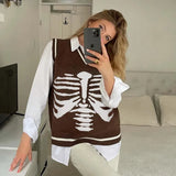 Skeleton Print Y2K Knit Sweater Vests V-neck Chic Loose Cute Pullovers Streetwear Aesthetic 90s Knitwear