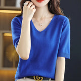 Woherb 2024 New Short-Sleeved Sweater Women's T-Shirt Solid Color V-Neck Short-Sleeved Bottom Shirt Top Thin Style A Hair-Outfit