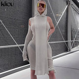 Kliou Knitted Dress Women Sexy See Through X-Long Hoody Tops+One Shoulder Drawstring Ruched Robe Skirt Hipster Future