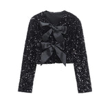 Women's Clothing 2025 Winter New Fashion Round-Necked Squint Bow Trim Short Coat