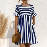 Summer Dress Fashion Striped Print Ruffles Sleeves Loose Dresses Elegant O Neck Plus Size Party Female Mini Dress
