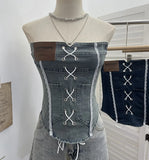 Sexy Water Wash Denim Pocket Spliced Lace Bra Design Without Strap Vest