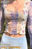 Graphic Print Green Mesh Sheer T-shirt Long Flare Sleeve Slim Crop Tops Sexy See Trough Women Tops Y2K Vintage Grunge-Outfit