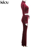 Kliou Solid Velour Two Piece Set Women Simple Casual Zipper Long Sleeve Turtleneck Top+Bandage Lace Slim Female Wide Leg