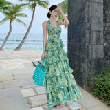 French Vacation Halo Dye Green Neck Hanging Belt Cake Dress Summer New Sanya Seaside Vacation Dress-Outfit