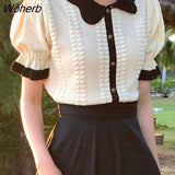Sleeve T-Shirts Women Sweet Lovely футболка Korean Fashion Patchwork Casual Elegant Summer Puff Sleeve Stretchy Breathable-Outfit