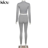Kliou fashion tracksuit women turtleneck full sleeveless crop top+leggings matching set stretchy sporty fitness casual