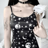 Black Spaghetti Straps Dress Sleeveless Lady Gothic Backless A-line Mini Dress Women Summer Star Moon Print Sexy
