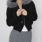 Spliced Zipper Hooded Jacket Woman 2025 Autumn And Winter Retro Letter Embroidery Short