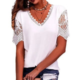 Women's T-Shirt Burst Lace Splicing Loose V-Neck Short-Sleeved