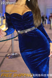 Women High Waist Slim Sexy Velvet Off Shoulder Bodycon Dress Evening Party Mini Dress Solid Color-Outfit