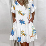 Ruffles Loose V-Neck Dress Women Summer Short Sleeve Floral Print Woman Dress Plus Size 2021 Fashion White Beach
