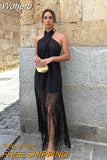Solid Tassel Women's Maxi Dress Sexy Cross Hanging Neck Open Back Sleeveless Robes 2023 Summer Lady Party Chic Vestidos-Outfit