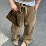 Woherb Strap Corduroy Pit Strip Pure Color Woven Pants Hot Girl Street Loose And Versatile Casual Straight Pants-Outfit