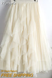 Women Beaded Petal Mid-length Ruffles Mesh Pleated Skirts Elegant High-waisted Fairy A-line Long Tulle Skirts QT1682-Outfit