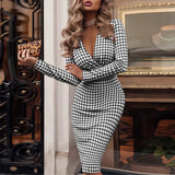Fashion Women Dress Autumn Sexy Deep V Neck Slim Party Dresses Vintage Plaid Printed Elegant Casual Long-sleeved Ladies