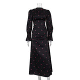 Woherb Women's 2023 New Print Round Collar Long-Sleeved Dress Autumn Fashion Waist Pendant Satin Dress-Outfit