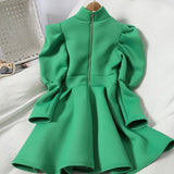 2020 New Women Dress Korean Stand Collar Puff Long Sleeve Feamle Dresses Vintage Office Lady Zipper A-Line