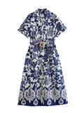 2023 Women Summer MIDI Shirts Dress Vintage Print Floral Short Sleeve Female Elegant Street Belt Dresses Clothing-Outfit
