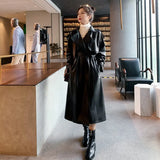 Brand New Women's Long PU Leather Trench Coat with Belt Lady Windbreaker Waterpoof Female Outerwear Spring Autumn