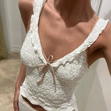 Women T-shirts Short Sleeve V Neck Tie-up Solid Color Ruched Tees Shirts Crop Tops Summer Party Clubwear 2024 JY24118PFO-Outfit