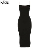Kliou strap backless sexy bodycon midi long dress new women high waist cotton striped dresses elegant fashion party