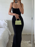 Women Spring New Maxi Dress Black Sexy Backless Off Shoulder Slim Sleeveless O-Neck Solid Sling Floor-Length Elegant Lady Dress-Outfit