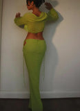Sexy Hollow Out U Neck Long Sleeve Crop Top And Long Dress Two Piece