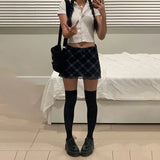 Woherb Hot Girl Black And White Grid Gauze Double Wooden Ear Small Skirt Black Bow Decoration Splicing Skirt-Outfit