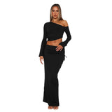 And Winter Women's New Temperament Pure Color Single Shoulder Umbilly Umbilly Top Dress Two-Piece Suit